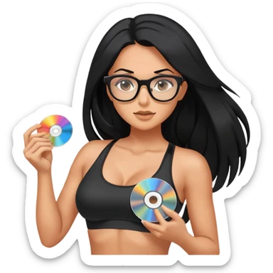 glasses, long black hair tanned woman, black sports bra, sexy, hot, data analysis, holding a cd   sticker