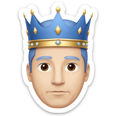 A friendly, clean-shaven middle-aged man wearing a large, plain blue crown bigger than his face. The crown has a wide base, no details or gems. Minimalist, modern style inspired by Apple aesthetics — clean lines, soft lighting, neutral background. sticker