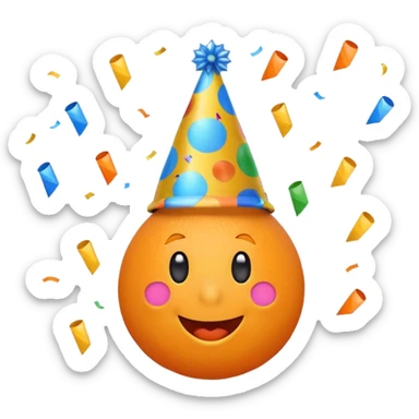 orange excited emoji with a tilted party hat and colorful confetti sticker