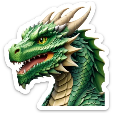 Cinematic Noble Giant Green scaled Dragon Portrait Emoji, Poised and awe-inspiring, with a massive, rugged form carved from ancient stone, featuring intricately textured scales that resemble weathered granite and basalt, and piercing, stony eyes echoing the strength of timeless mountains; rendered with lifelike detail and earthy natural highlights, high shine, formidable and grounded, styled with an aura of primordial majesty, focused and resolute, soft glowing outline, capturing the essence of an enduring rock titan ready to surge from the screen with ageless power! sticker