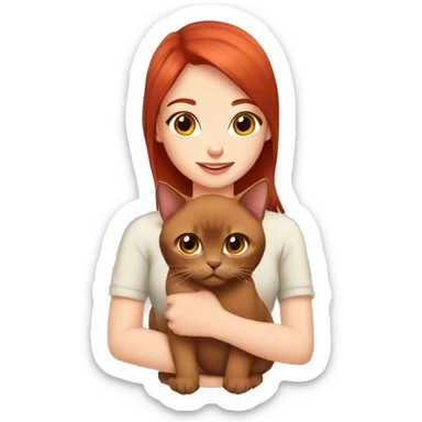 cherry red hair cute girl holding burmese brown cat sticker