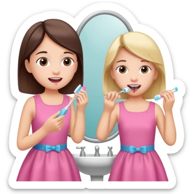 Girl brushing her teeth with her mom looking in mirror wearing pink sticker