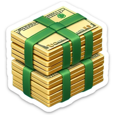 3D icon of stacked US dollar bundles with green straps, isometric view, game style sticker