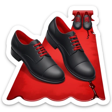 Minimalist emoji-style sticker of two black shoes standing on a red carpet that fades into a bloodstain. Flat, frontal design, simple icon composition. sticker