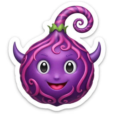 A cute anime-style purple devil fruit with pink spiral patterns, a curly swirl stem on top, glossy texture, simple shading, emoji style, centered on a plain background. sticker