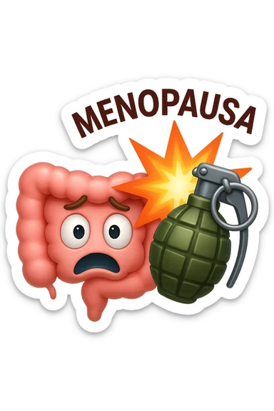 EMOJI STILE IPHONE 3D DI INTESTINO 3D CON ESPRESSIONE SPAVENTATA IN VOLTO MENTRE ACCANTO A LUI SCOPPIA UNA GRANATA 3D CON LA SCRITTA "MENOPAUSA" SOPRA, FAGLI ANCHE LA PARTE BIANCA DEGLI OCCHI, NON SOLO LA PUPILLA sticker
