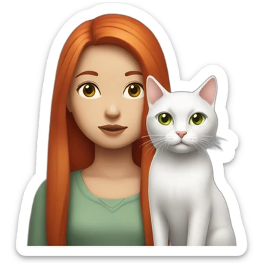 Girl with long straight red hair, serious with white cat on her head and gray green eyes sticker