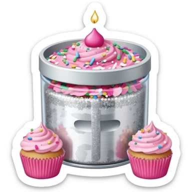 silver glitter in a small clear circular container with white lid next to a can of sprinkles and pink cupcakes  sticker