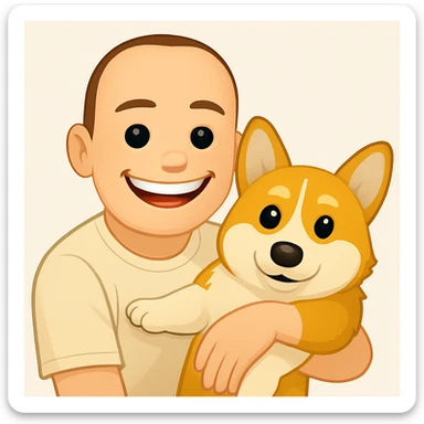 Make the man in the illustration smile, keeping the corgi dog, in the style of apple emojis. sticker