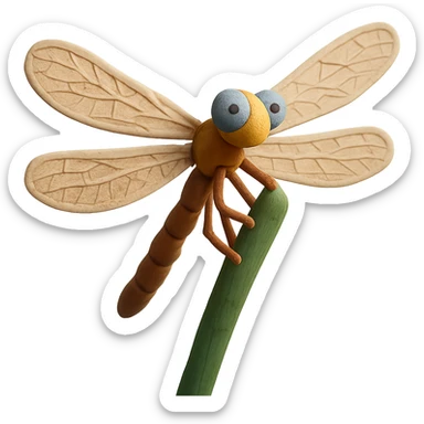 claymation style close-up of a dragonfly on a reed, detailed wings, gentle background sticker