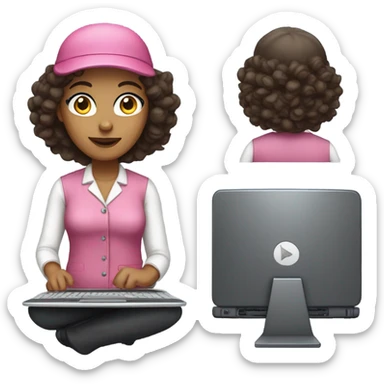 Medium skin tone woman technologist with laptop and pink top wearing a beret and  with dark curly hair sticker