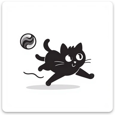 A cat chasing a ball that looks like the Enso speedrun logo sticker