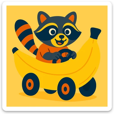 Change the car to a banana, keep the raccoon driving, in vibrant toon style. sticker