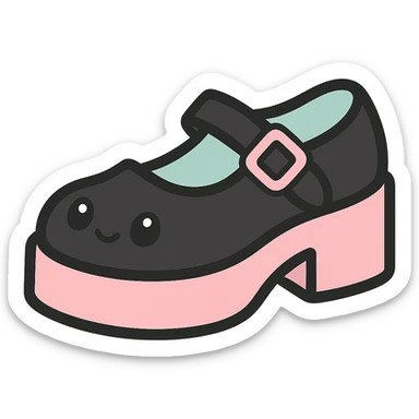 Make the shoes primarily black with pink and pastel accents, kawaii style, no socks, no hearts, transparent background sticker