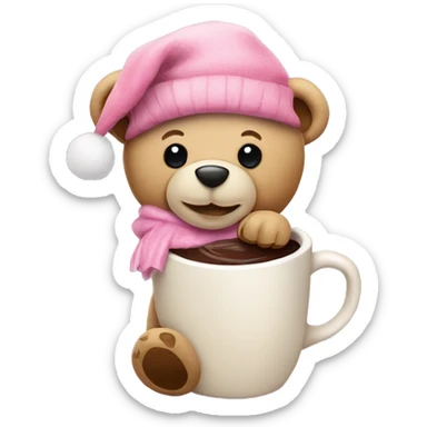 A beige coloured teddy bear with a pink Christmas hat and hot chocolate sticker