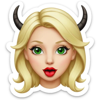 Emoji femme blonde cheveux blond, yeux vert avec de long cils noir qui tire la langue et à des cornes  sticker