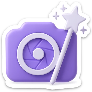 Clean and modern logo for photo restoration featuring a camera lens and magic wand, in a purple color style, no background. sticker