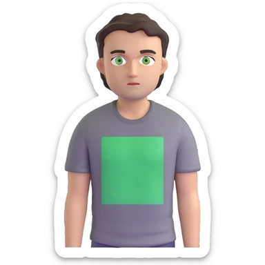 man with dark messy short hair, dark green eyes, wearing a gray t-shirt sticker