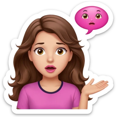 girl with long wavy brown hair, brown eyes, light to medium complexion, in a pink shirt, pink lips, long lashes, surprised, wow speech bubble sticker