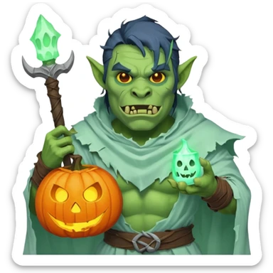 male orc warrior ghost emoji, green skin, tusks, wearing torn white ghost sheet costume, holding glowing jack-o'-lantern, faint blue aura, friendly but spooky expression, Halloween fantasy theme, Apple emoji style, clean white background, square sticker