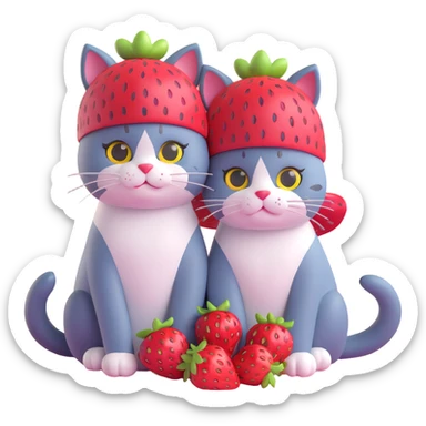 Two cats sitting closely together, both with strawberry hats on their heads sticker