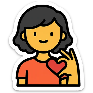 chica de cabello negro, corto y ondulado, haciendo un corazón con la mano, estilo icono lineal colorido sticker