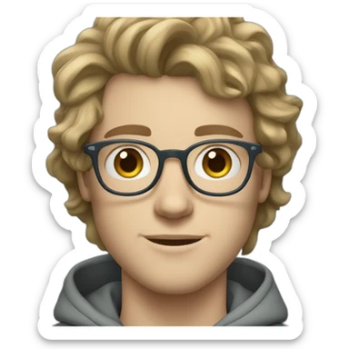 young white guy with wavy hair and a fade in light brown color and round silver color glasses with a grey hoodie on and blue green eyes sticker