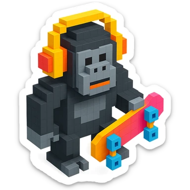gorilla with headphones holding a skateboard, isometric view, voxel style sticker