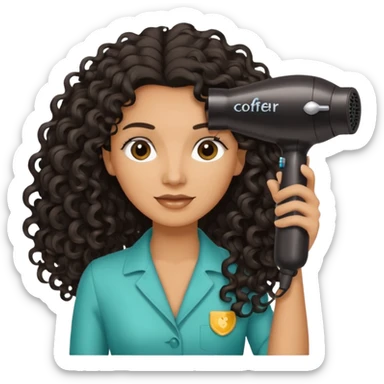 Parrucchiera con il phon in mano e la scritta coiffeur assunta capelli neri e ricci lunghi sticker