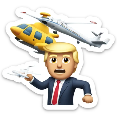 Donald trump by himself holding an airplane in one hand and a helicopter in the other smashing them together sticker