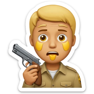 Make a yellow emoji of a guy holding a gun in his mouth while crying sticker