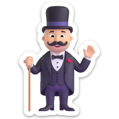 Rich Uncle Pennybags with mustache, top hat, tuxedo, and cane sticker