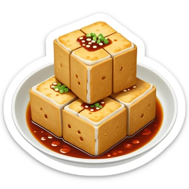 Changsha Stinky Tofu with visible steam and sauce, simplified emoji style with bold outlines and bright colors, cartoon style famous fermented snack sticker
