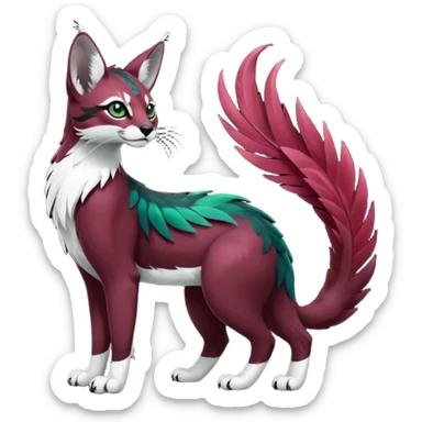 Colorful dark tropical feathery tribal dark burgundy wine-red obsidian-black jade-green white glorious iridescent divine exotic cute cool beautiful beautiful fantasy-caracal-civet-genet-sergal-vernid-Gryphon-Cacomistle-Trico-oncilla-animal-Fakémon-hybrid-fursona (full body) sticker