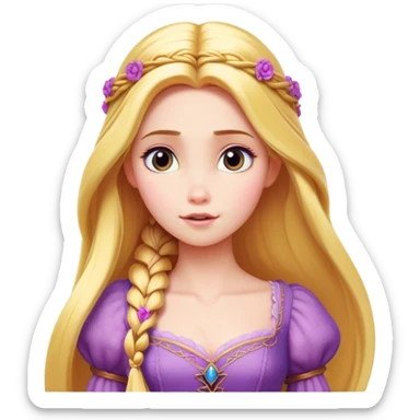 Cinematic Realistic Rapunzel Portrait, with porcelain-like skin featuring a subtle, natural glow, illuminated by soft lighting that brings out the gentle contours of her face. Her long, golden blonde hair cascades in detailed waves, each strand highlighted with a radiant shimmer as it catches the light. Her bright, expressive green eyes exude curiosity and warmth, framed by delicate lashes and soft, arched brows. Her expression is playful and vibrant, with a gentle smile. She is dressed in her classic lavender and pink gown, the fabric textured with delicate folds that flow naturally, catching the light with a soft, radiant glow. The portrait captures a luminous, enchanting aura, seamlessly blending realism with a whimsical, fairytale charm, evoking a timeless sense of beauty and magic. sticker