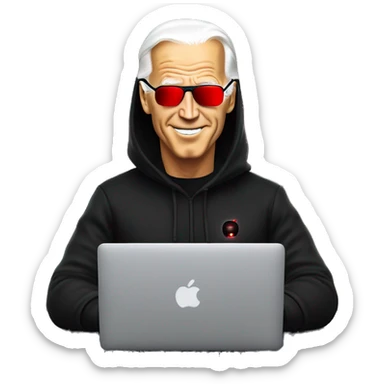joe biden in a black hoodie with bright red glowing laser eyes typing on a macbook, joe biden, black hoodie, bright red glowing eyes, typing on macbook sticker