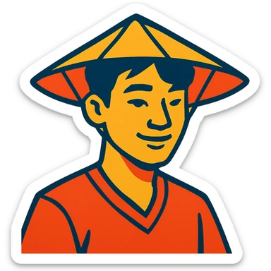 young Asian man with a rice hat sticker