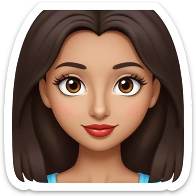 Dark brown hair girl, dark brown eyes, tan skin, heart shaped lips, almond eyes, big eyelashes, big nose , 1B hair type smiling sticker