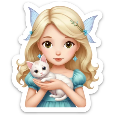 Dreamy beautiful fashion elegant cute shiny lady soft style kawaii beautiful hair fairy style girl holding a kitten sticker
