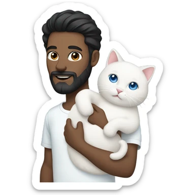 Man with black hair and beard and holding a all white cat with blue eyes sticker