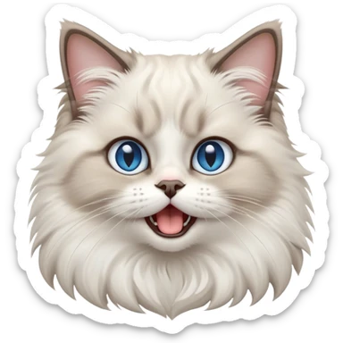 cinematic-adorable-big-eyed-fluffy-ragdoll-cat-portrait-emoji,-head-tilted-playfully-with-a-cute,-yawn,-white and grey fur,-simplified-yet-irresistibly-cute-features, blue eyes sticker