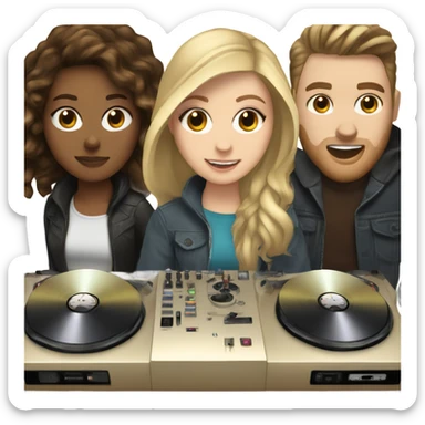 3 people: a white girl with dark hair, a brown girl, and a white guy behind DJ turntables together sticker