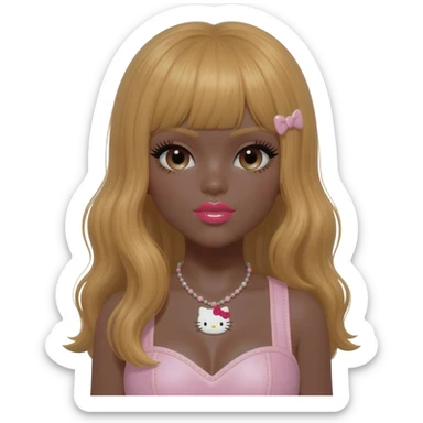 heart shaped lips, cute glossy lips, doll eyes with long lashes, dark brown skin, honey blonde hair, big chest, hello kitty necklace, one bow clip, bimbocore outfit sticker