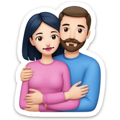 Tall white man with brown mustache goatee wearing blue AND a short pale woman with long black hair wearing pink, hugging sticker