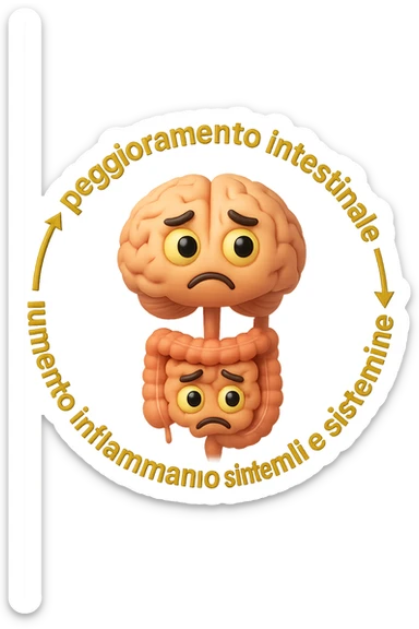EMOJI STILE IPHONE 3D DI un cerchio con queste scritte che girano intorno "stress → peggioramento intestinale → aumento infiammazione → peggioramento sintomi intestinali e sistemici." al centro del cerchio metti un cervello e intestino umani collegati verticalmente con espressione dubbiosa in volto, FALLO MOLTO REALISTICO IN 3D sticker