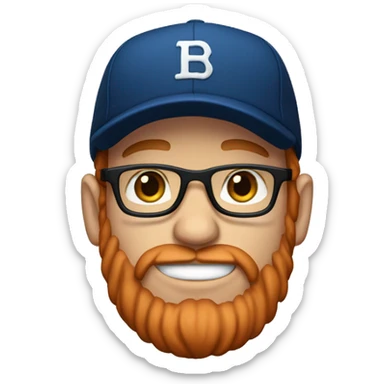 30 year old male with red hair, glasses, black baseball hat, blue eyes, pale complexion, and a beard sticker