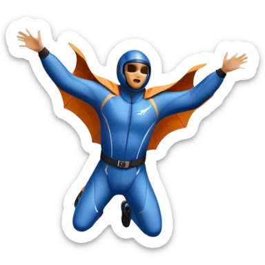 A wingsuit jumper soaring through the air between towering mountains, with the suit spread wide to catch the wind. The background features dramatic cliffs and expansive skies, emphasizing the thrill and freedom of base jumping in a stunning natural landscape. sticker