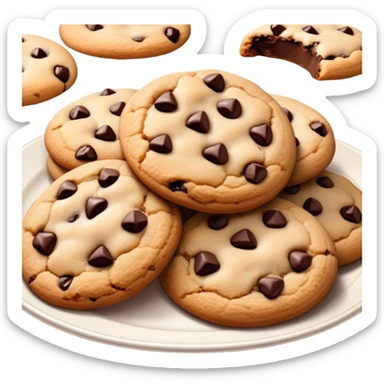 Cinematic Realistic Cookies Dessert Emoji, showcasing a plate of freshly baked cookies with gooey chocolate chips rendered with lifelike textures and warm, homey lighting. sticker