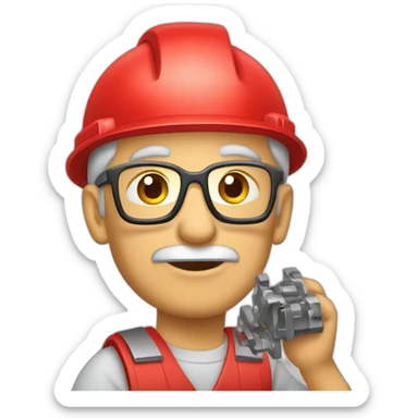 Industrial professional senior mechanical assembler working on the assembly of heavy machinery with a red outfit sticker