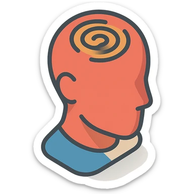 silhouette of a head with a pulsating wave or spiral on the crown area symbolizing headache, clear shadows and highlights, 2D isometric style sticker